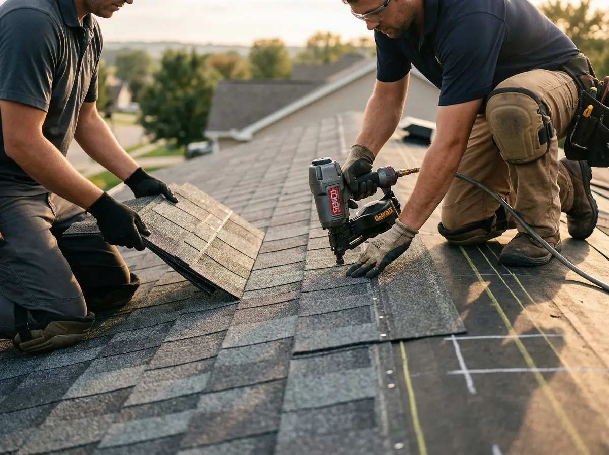Professional roofer working on a residential roof in Waterbury